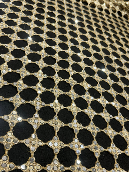 Gold Crochet Mirror Work Net Dupatta