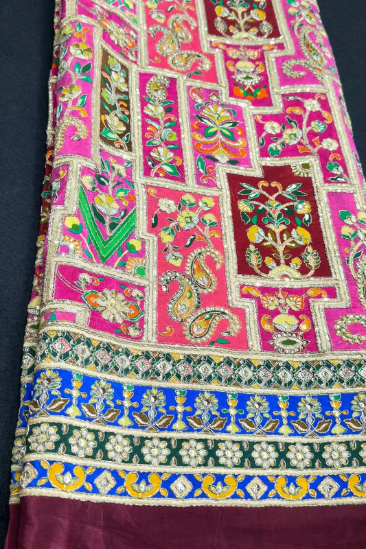 Multicolor Zardozi Coding & Zari Sequin Embroidered Crepe Fabric – Designer Ethnic Border Work (52 Inch Width)