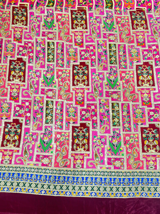 Multicolor Zardozi Coding & Zari Sequin Embroidered Crepe Fabric – Designer Ethnic Border Work (52 Inch Width)