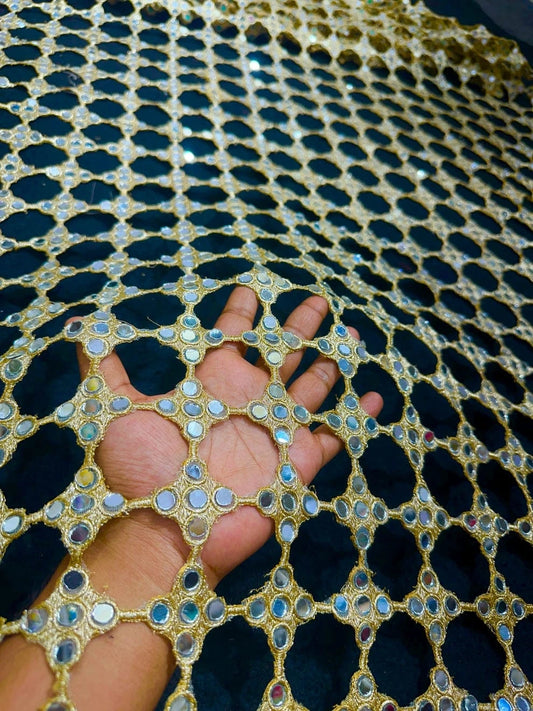 Gold Crochet Mirror Work Net Dupatta